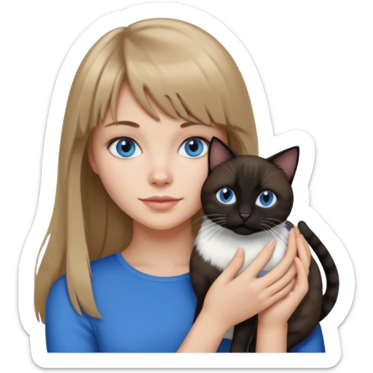 Apple-style emoji sticker of a young woman with long dark blond hair and bang, blue eyes , holding a black and white cat sticker