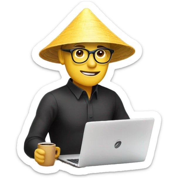 A memoji-style man with yellow skin, wear nearsighted glasses, a traditional Vietnamese conical hat , black shirt, sitting at a desk, a cup of coffee on desk, typing on keyboard, laptop with a logo styled as '</>' in front front sticker