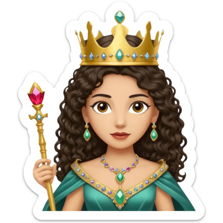 Queen with long dark curly hair, dark brown eyes, light olive skin tone sticker