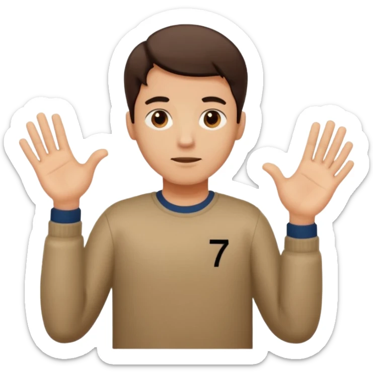 a man shrugging his shoulders with 6 above his left hand and 7 above his right hand sticker
