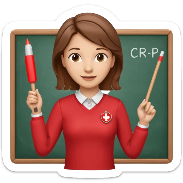 Happy Teacher, female, brown hair up, wearing a red long sleeve top holding a pointer stick to a white board with a CPR logo. sticker
