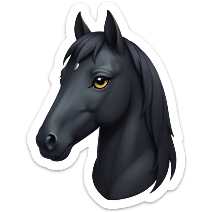Cinematic Noble Black Horse Portrait Emoji, Poised and regal, with a strong, athletic build and a sleek, well-groomed jet-black fur, deep-set soulful dark eyes, Simplified yet sharp and sophisticated features, highly detailed, glowing with a soft, dignified glow, high shine, intelligent and commanding, stylized with an air of mysterious grace, focused and attentive, soft glowing outline, capturing the essence of a watchful and confident steed, so majestic it feels as though it could gallop out of the screen with effortless authority! sticker