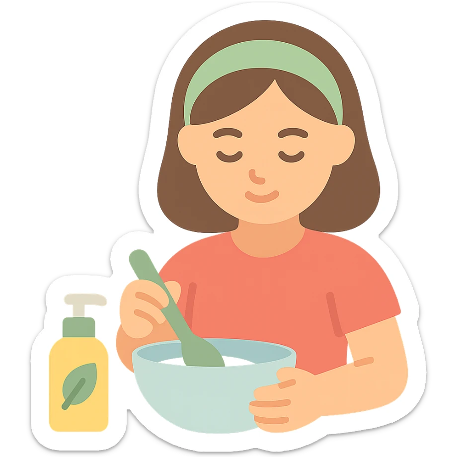 girl making skincare products, mixing ingredients in a bowl, color icon sticker