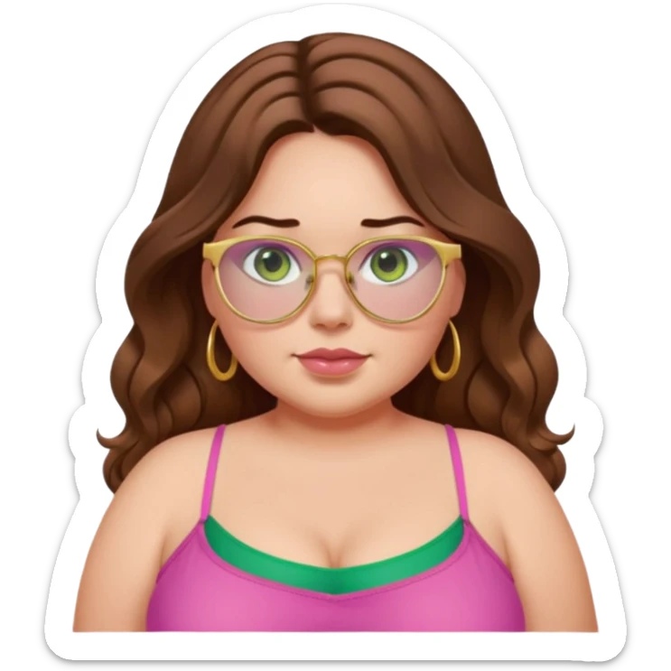 Baddie bratz girl with middle parted long wavy brown hair. green eyes. Plus size. pink spaghetti strap top. Gold glasses sticker
