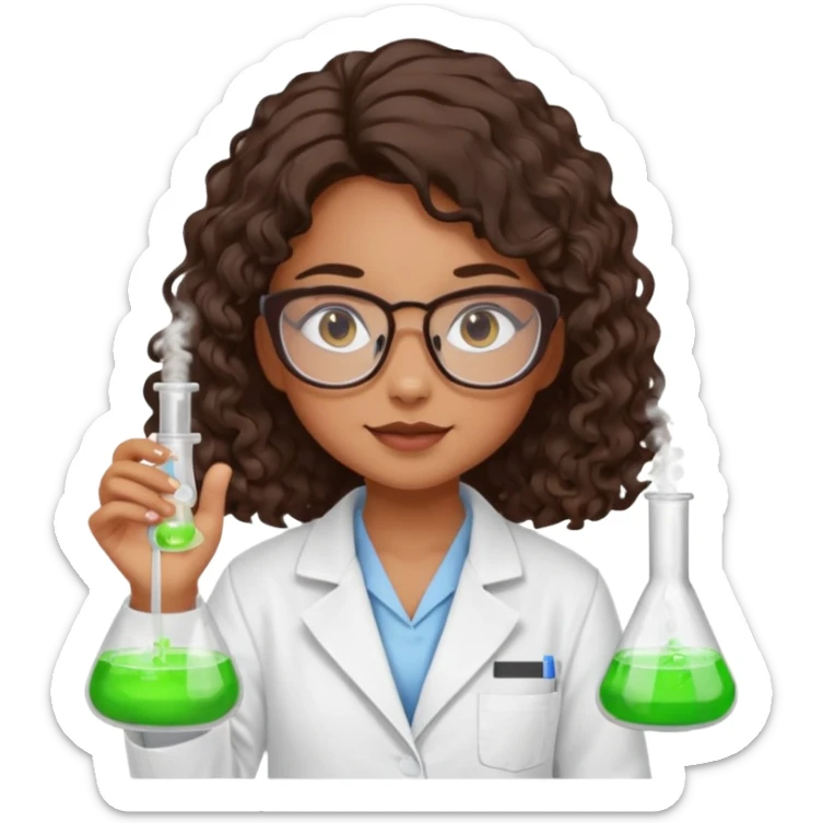 realistic bratz doll with long loose curly dark brown hair, glasses that are round cat eye vibes, in a lab coat mixing beakers that glow shes a 4th grade girl sticker