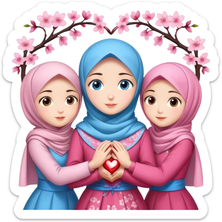 Four sister hugs Turkish girls beautiful finish Konya blue eyes with cherry blossom hijab and heart dress and hugs  sticker