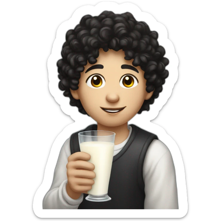 A side-portrait from the shoulders up of a pasty white teenage boy with dark black curly hair holding a chalice of milk sticker