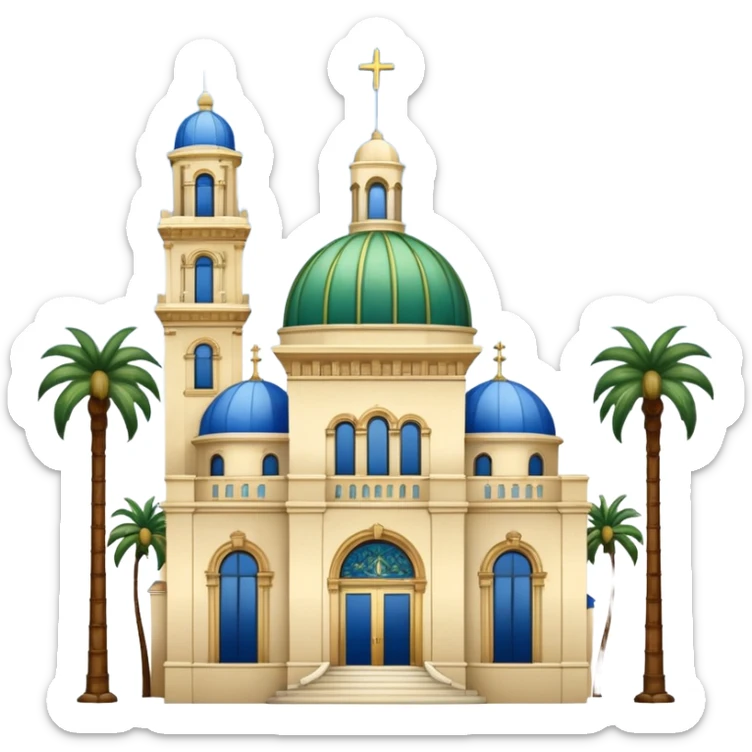 California Building with ornate blue, gold, and green tile dome and adjoining slender California Tower, Spanish Colonial Revival style, baroque details, palm trees, simple, no text, white background, version 2 sticker