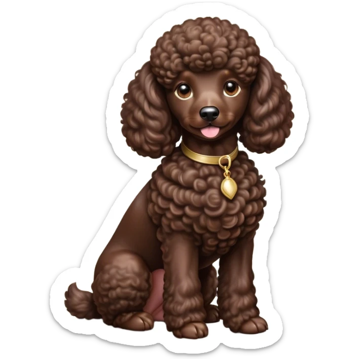 Cinematic Noble Chocolate Poodle Portrait Emoji, Poised and regal, with a refined, elegant build and a meticulously groomed, curly chocolate Fur, deep-set soulful brown eyes, Simplified yet sharp and sophisticated features, highly detailed, glowing with a soft, dignified glow, high shine, intelligent and graceful, stylized with an air of sophistication, focused and attentive, soft glowing outline, capturing the essence of a watchful and confident companion, so majestic it feels as though it could prance out of the screen with effortless authority! sticker