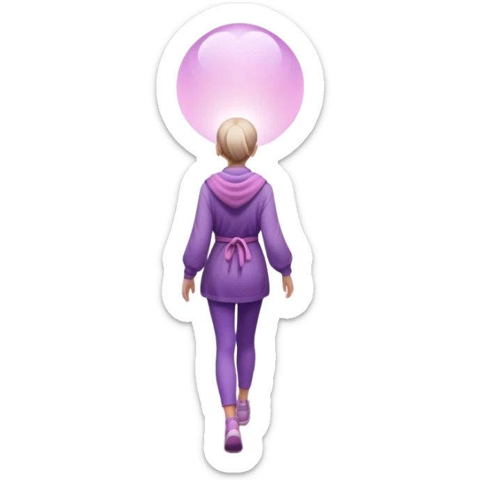 A small figure walks back across a foggy bridge, holding soft pink and purple orbs in each hand—symbolizing compassion and forgiveness. A gentle heart aura trails behind them, showing healing in motion. sticker