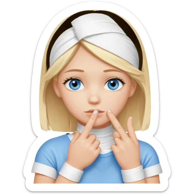blonde-haired, blue-eyed, fair-skinned girl with her whole index finger wrapped in a bandage, finger on chin, thoughtful expression sticker