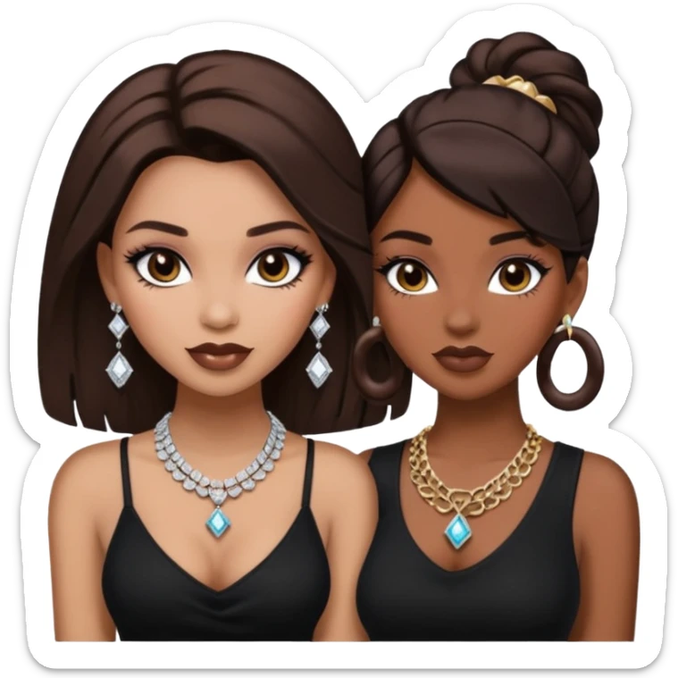 Boujy baddie best friends, trendy heavy makeup both dark hair one light skinned and one mocha brown pretty hair both wearing black and earrings and diamond necklace one mocha brown skin better ones please  sticker