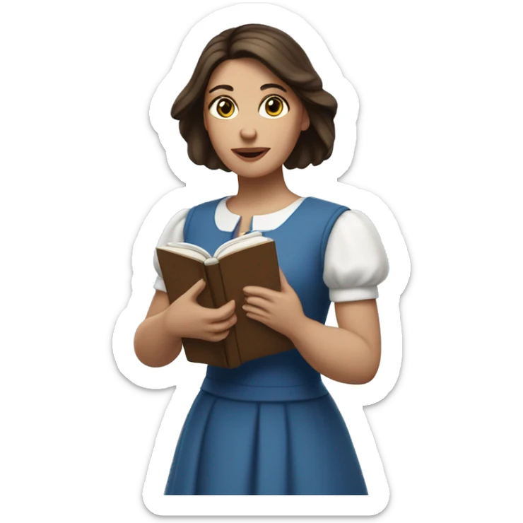 White woman with long dark straight brown hair and eyes holding a book. She is wearing a blue A-line dress with white daisies sticker