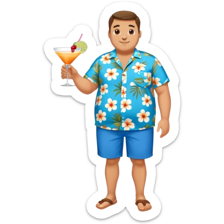 chubby guy full figure in a flowered azure havai shirt, brown shorts and flippers holding a cocktail sticker