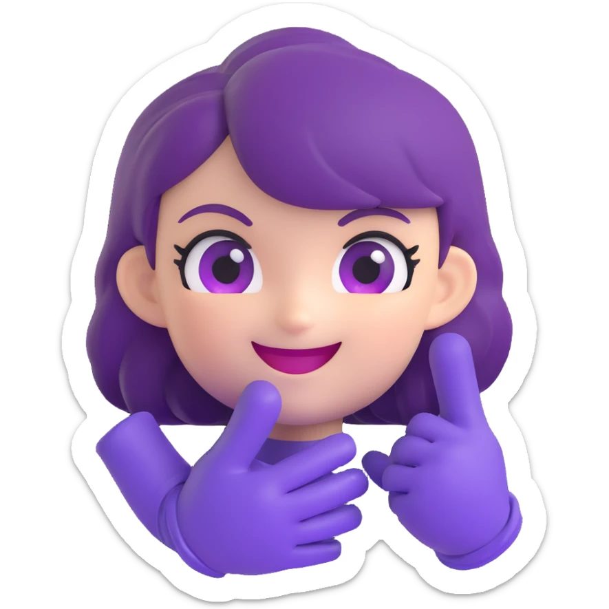 chibi style Gwen from League of Legends, only head, right eye purple, one hand waving with glove, smiling and energetic, 3D emoji style sticker