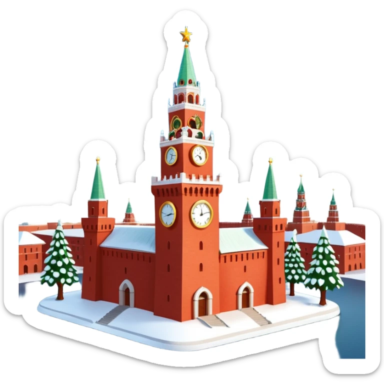 Apple iOS style emoji of the Moscow Kremlin Spasskaya Tower, winter
New Year edition. Red brick texture, snowy roof, golden clock face. Small festive garland with glowing lights wrapped around the tower. Bright red glowing star on top. 3D isometric  sticker