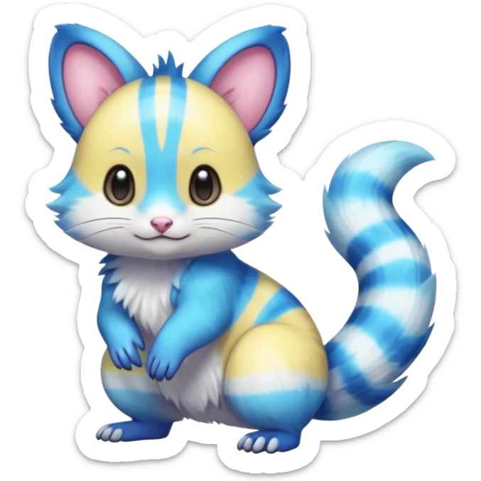 Realistic cute Neon-yellow and neon-cobalt-blue and cyan-gradients Furret-Emolga-Genet-Purrloin-hybrid-fusion (full body) sticker