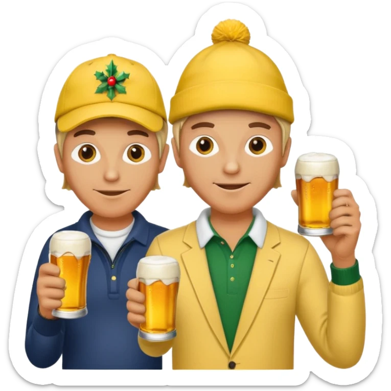 16 men on a golf trip wearing yellow golf caps all holding a beer can with a Xmas style label sticker
