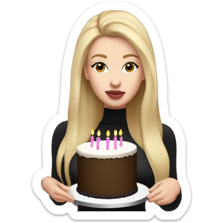 White girl with blonde straight hair, pink lips, dark eyes, black turtleneck, birthday cake in hands sticker