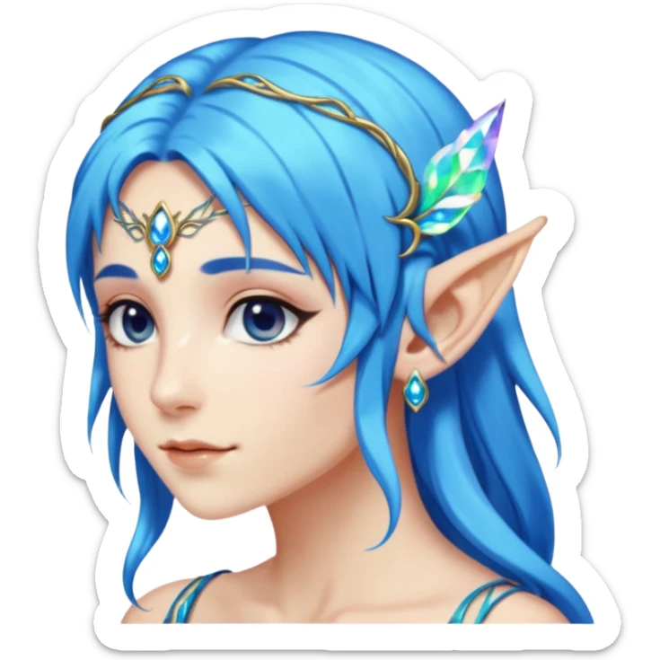 portrait of blue haired Elvish fae shiny sparkly iridescent translucent diaphanous ear climber ear cuff sticker