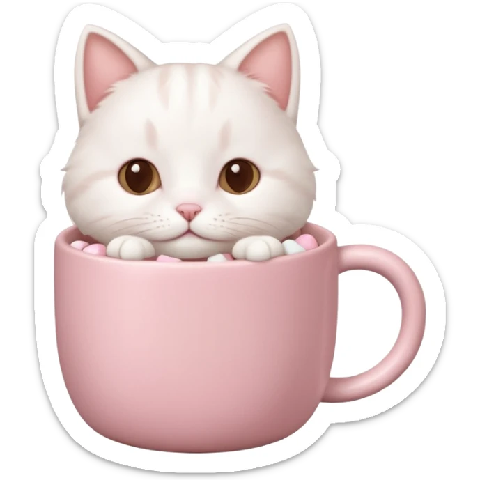 cute white cat relaxing in a pastel pink mug of cocoa with marshmallows, soft lighting, rounded shapes sticker