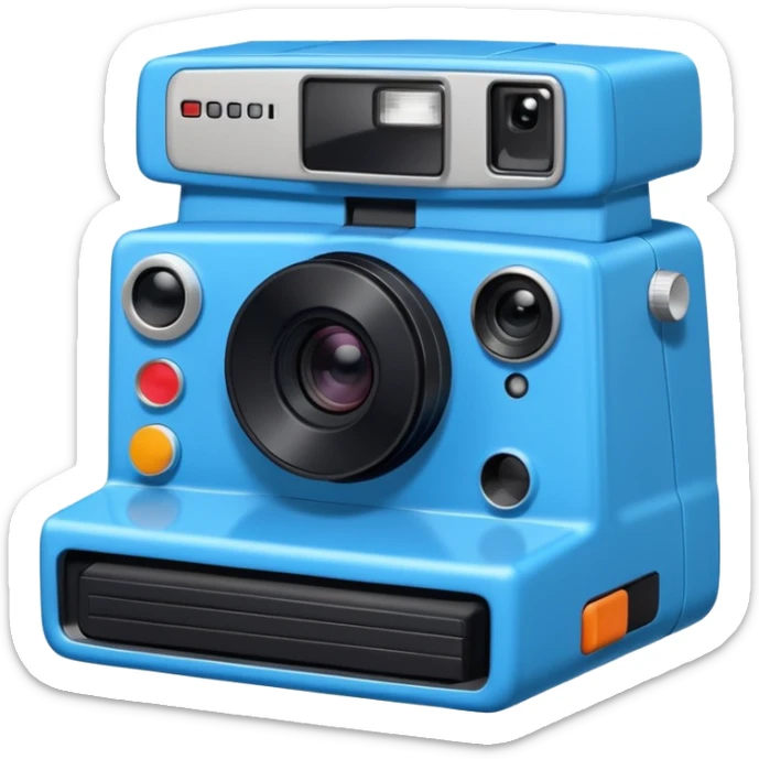 A hand-drawn doodle in a minimalist, cartoon style of a [instant camera]. The object is white with thick, rough, black marker outlines and two small black dot eyes. It is a simple sketch with no realistic textures, centered on a solid [blue] circular background." sticker