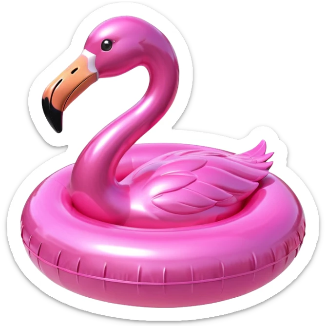 3D render of Pool Flamingo made of shiny inflatable vinyl, visible seam lines, air valve, highly reflective plastic texture, pool toy aesthetic, Apple emoji style, isolated on white background --v 6.0 sticker