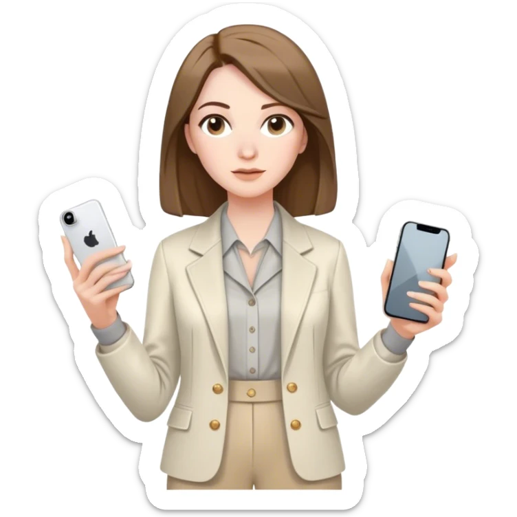 pale skin woman with brown Straightened bob Hair, White Spacious classical jacket, beige palazzo Arrow pants and gray blouse holding white IPhone 15 pro in the hands sticker