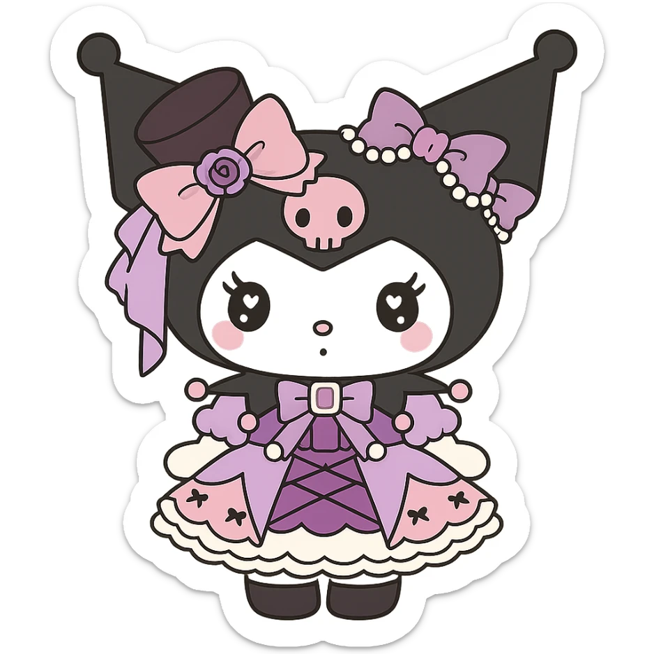 Create a Kuromi sticker in chibi sticker style with a cute gothic lolita dress, purple and pink accents, big eyes with heart highlights, detailed accessories, sticker outline, pastel color palette, playful expression, no background. sticker