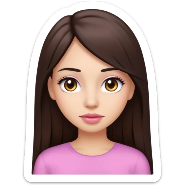 A young woman with long straight dark bown hair, big brown eyes, long eyelashes, pink lips, wearing a plain white top, in emoji style sticker