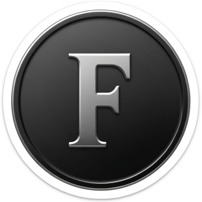 Emoji icon of a black coin with engraved letter F, minimalist style, isolated sticker