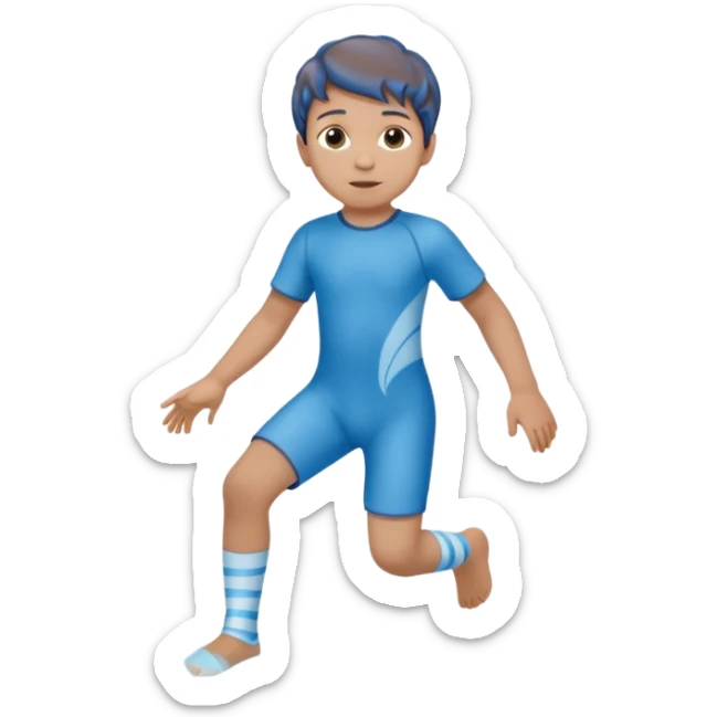 A little male child with a blue/beige outfit and  curled brown hair and shoes which are orthopedic ankle-foot orthosises (AFO) for a small child. The brace goes just below the knee and its with a bright blue water-like pattern with a spiral side design. sticker