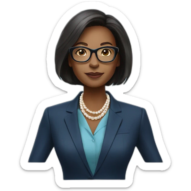 black woman ceo, black glasses, neck length straight hair, blue blazer, pearl necklace sticker