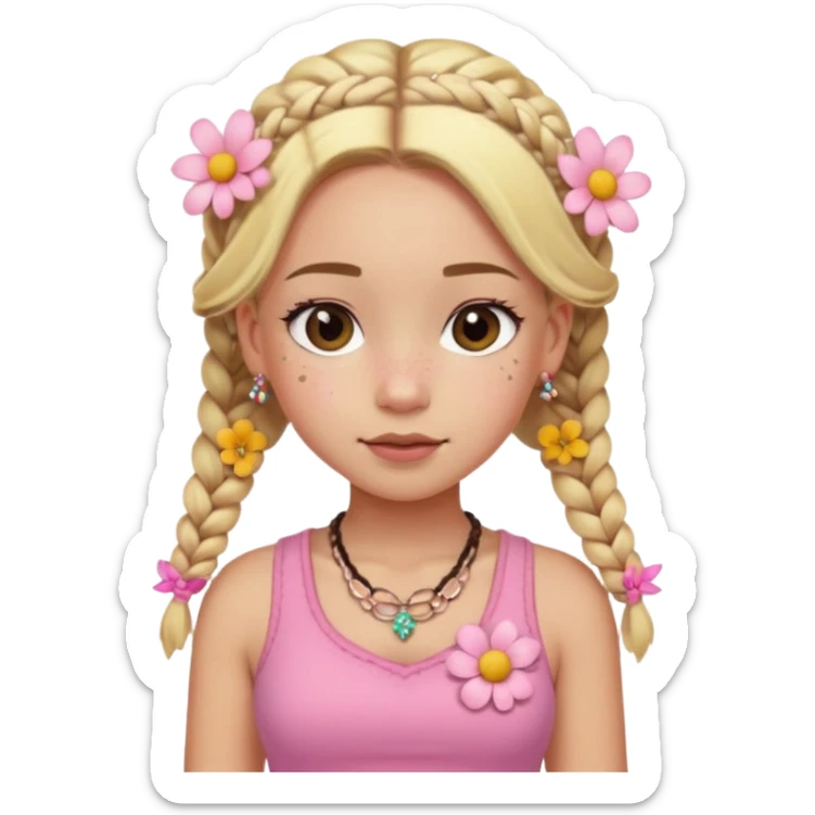 A girl whit freckles and a blush whit two braids blonde a necklace and a pink croptop and a cute flower skirt short sticker