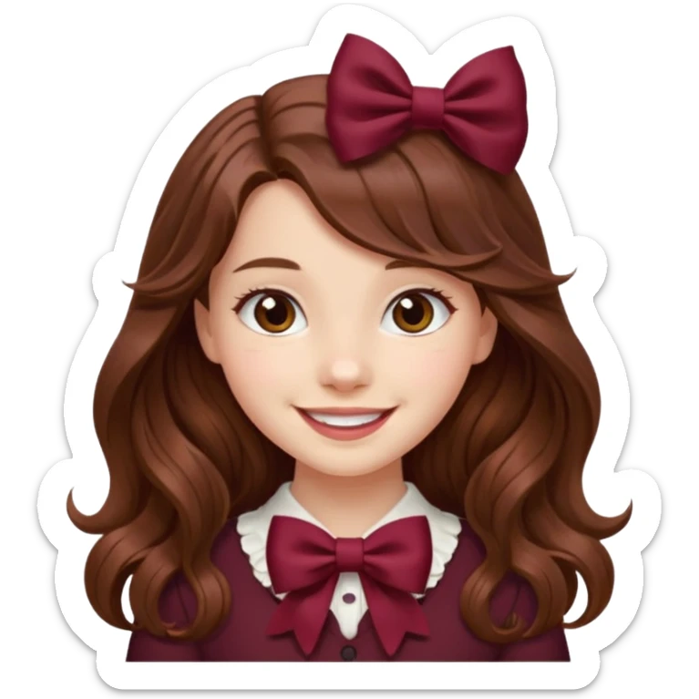 girl wavy long hair brown hair with a burgundy bow sticker