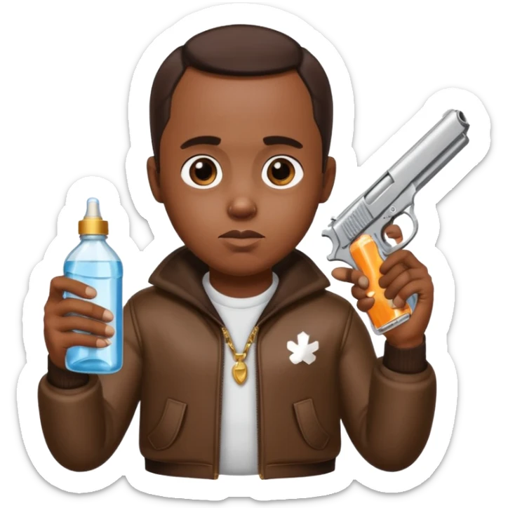 diddy shooting a gun in his right hand and baby oil in his left sticker