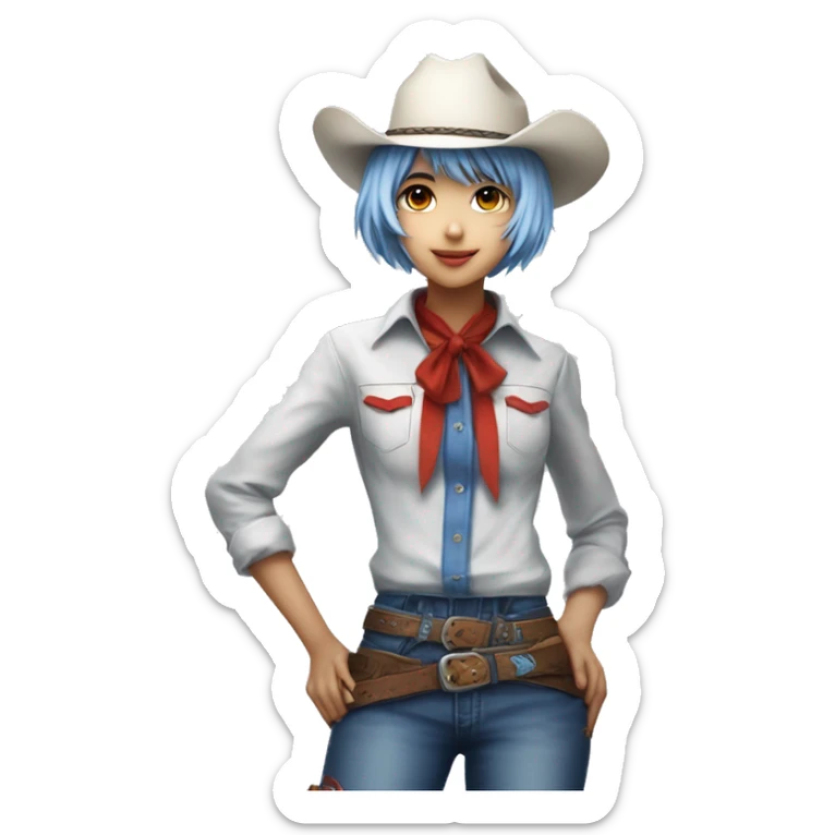 Rei ayanami in a cowboy costume, teen, full body. Only front view, no expression on the face. Make it genZ, stylist and cool, super realistic sticker