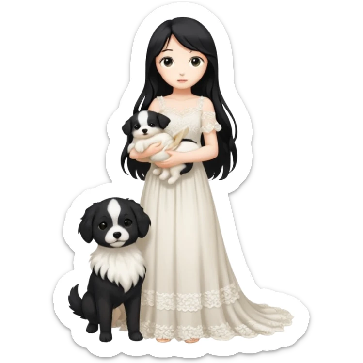 Pastel anime lady long hair with long lace dress full body holding puppy sticker