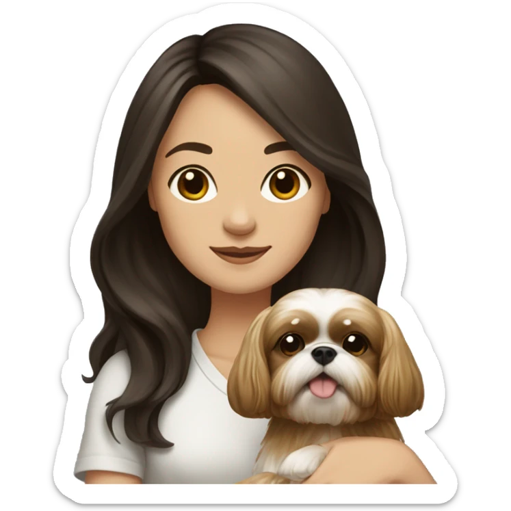 Young dark brunette hair woman with a golden shih tzu in her arms long hair sticker