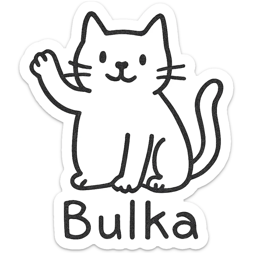 hand-drawn black outline icon of a cat named Bulka, standing with a raised paw sticker