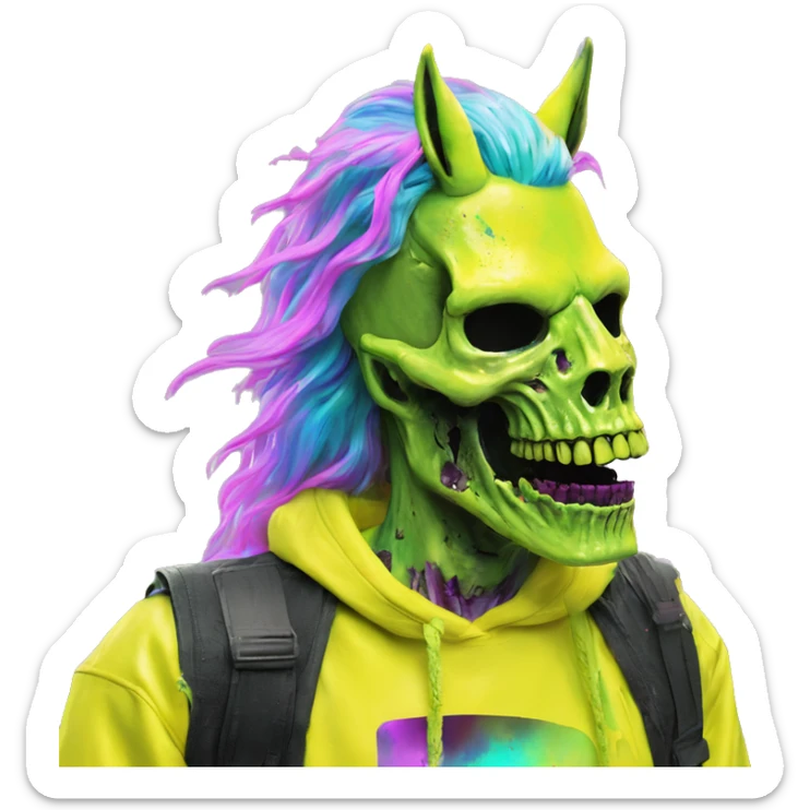 .Zombie_ Vaporwave black holographic oilslick zombie unicorn smoking yellow caution tape  sticker