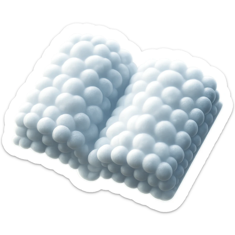 top view of a thick open book made entirely of small, very bright white fluffy convex clouds, matte glass style, no background sticker