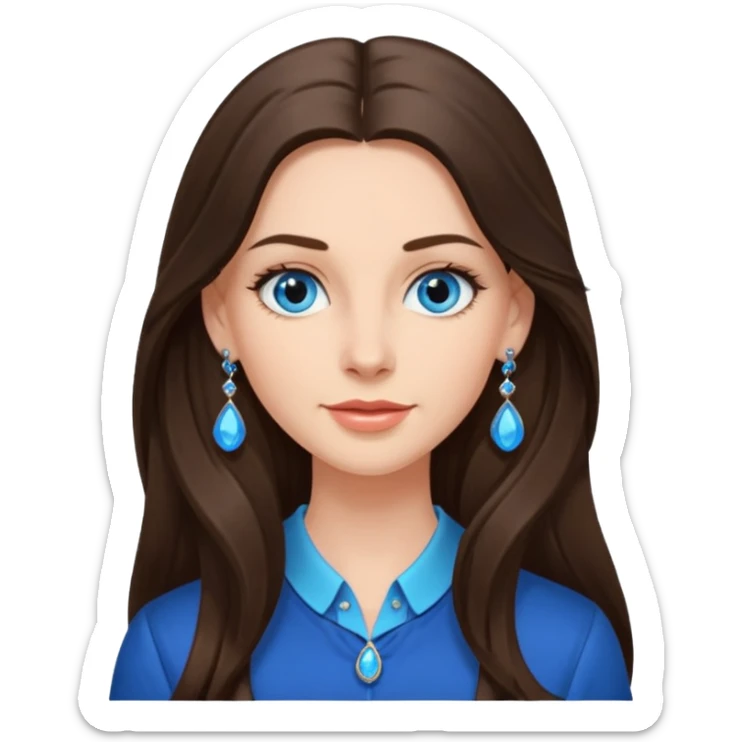 
Create an emoji of a brunette with blue eyes. She should have long hair, stylish clothing, and a friendly facial expression. Add some accessories like earrings or glasses to make the look more interesting. sticker
