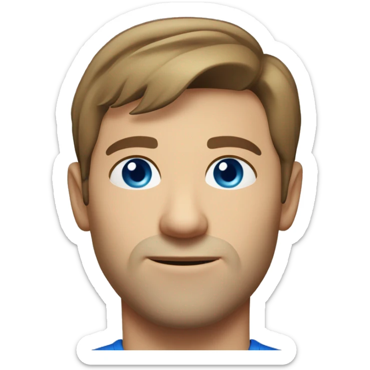 A head and shoulders shot of a 35 year old Caucasian man, with short brown hair, with none facial hair,   with blue eyes wearing a t-shirt. sticker