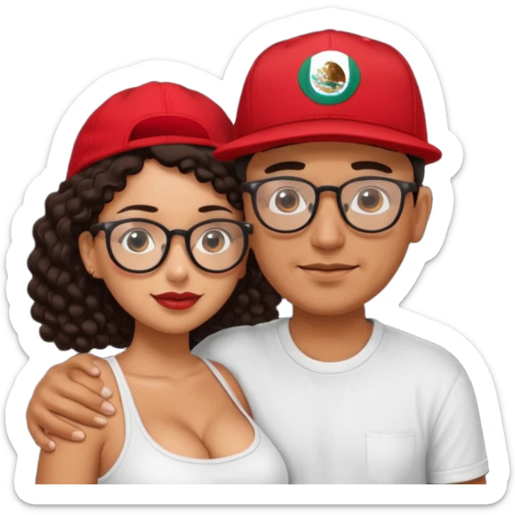 A picture of an embracing tanned couple. the man is a Mexican man with tanned skin, with a bald hair cut wearing a red SnapBack hat and wearing a black shirt. the woman is mixed, with glasses,  with long curly dark brown hair and with big boobs.  sticker