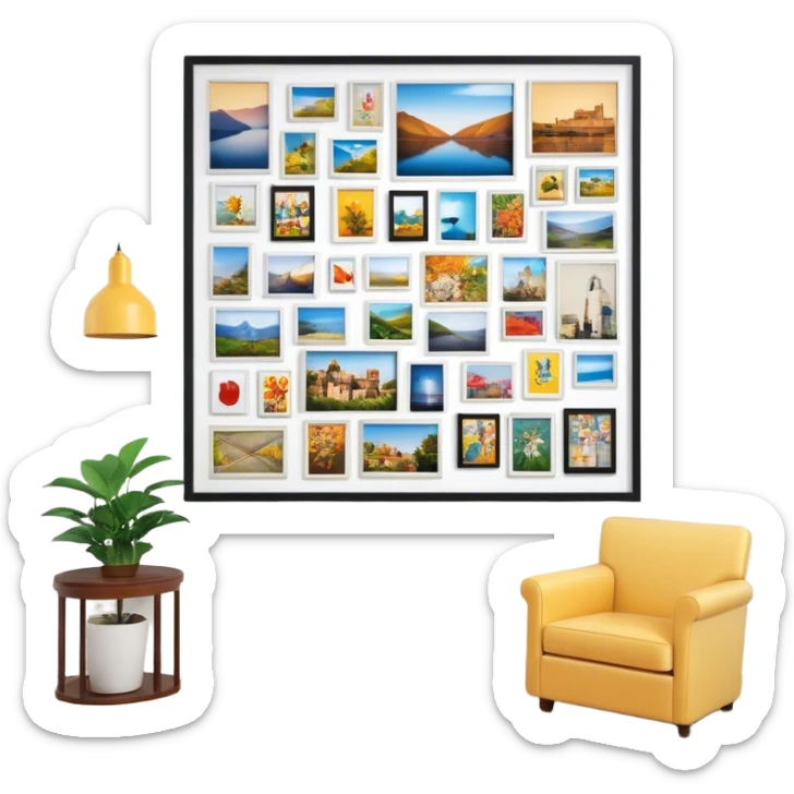 Icon for Photograph and Poster Collecting: a large poster in the center, surrounded by various-sized framed photographs. The icon should capture the charm of collecting photos and posters, arranged artistically on a wall. Transparent background. sticker