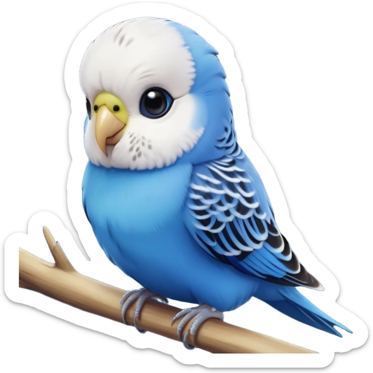 cinematic-cute-blue-budgie-portrait-emoji,-head-tilted-playfully-and-inquisitively,-featuring-a-brilliant-blue-feathered-fur-and white and black feathered face-with-a-natural-sheen,-round,-sparkling-dark-eyes-filled-with-curiosity,-simplified-yet-irresistibly-adorable sticker