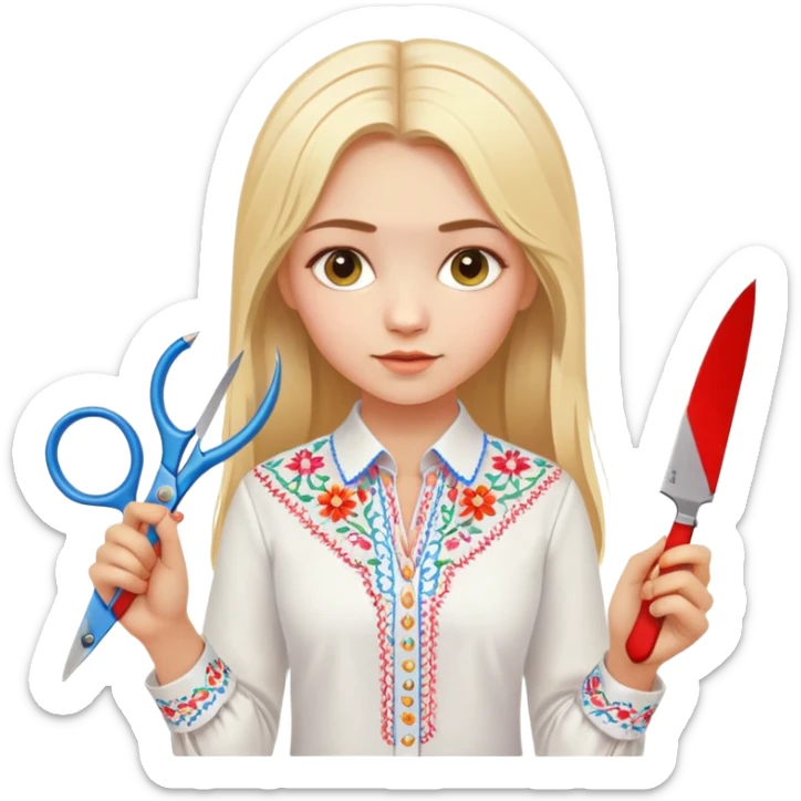 Ukrainian young girl with blonde hair in a white traditional embroidered shirt (vyshyvanka) holding scissors in one hand and colorful paper in the other hand sticker