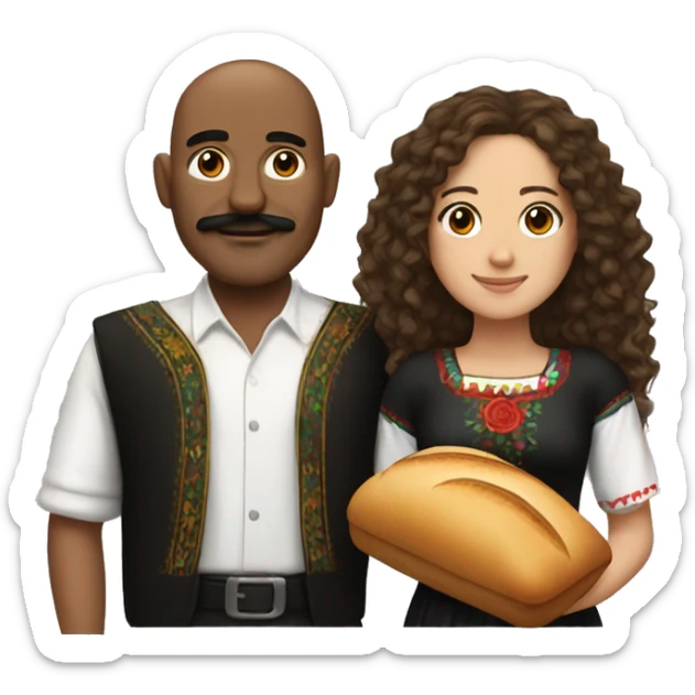 Mexican girl with long curly brown hair with red at the bottom and a black bald man with a bread and mustache sticker