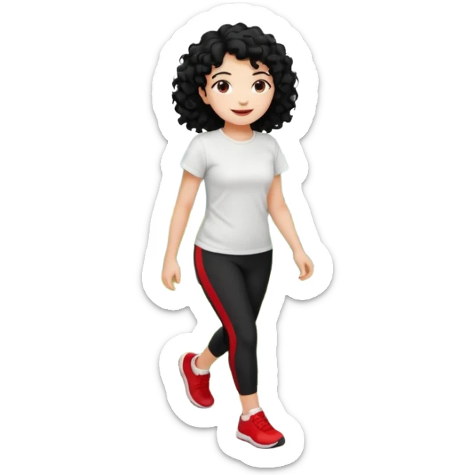 generate a pretty bratz fair skinned girl with curly black hair wearing a white tshirt trekking on a hill with red sneakers on and black leggings sticker